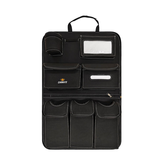 CARMATE Premium Pu Leather Car Backseat Organizer Waterproof Back Seat Storage Pockets With Tablet, Mobile, Bottle, Tissue Box, Document Pocket Premium Backseat Organiser (Black-White)