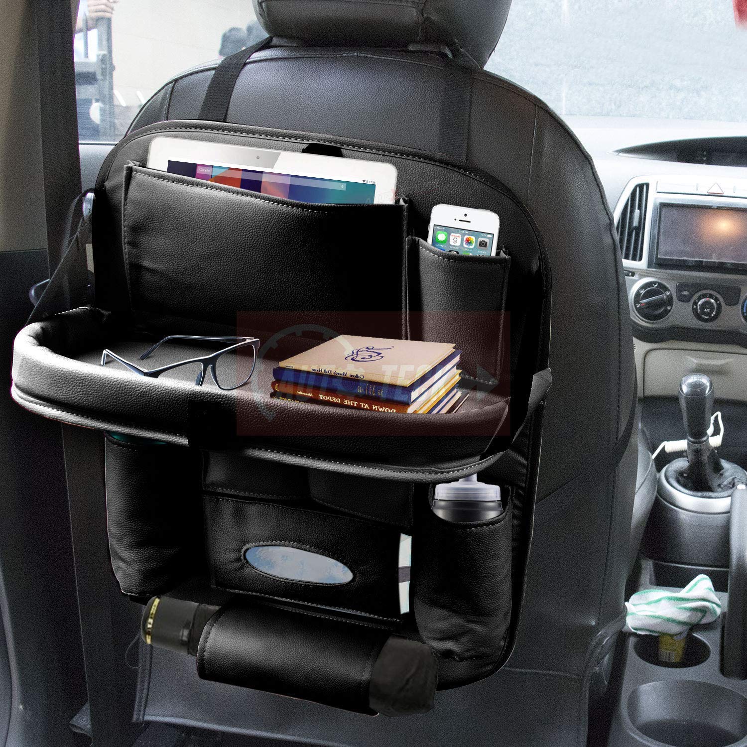CARMATE Universal PU Leather Auto Car Seat Back Organizer with Foldable Dining Table Tray, Multi pocket Storage Tablet, Bottle and Tissue Paper Holder