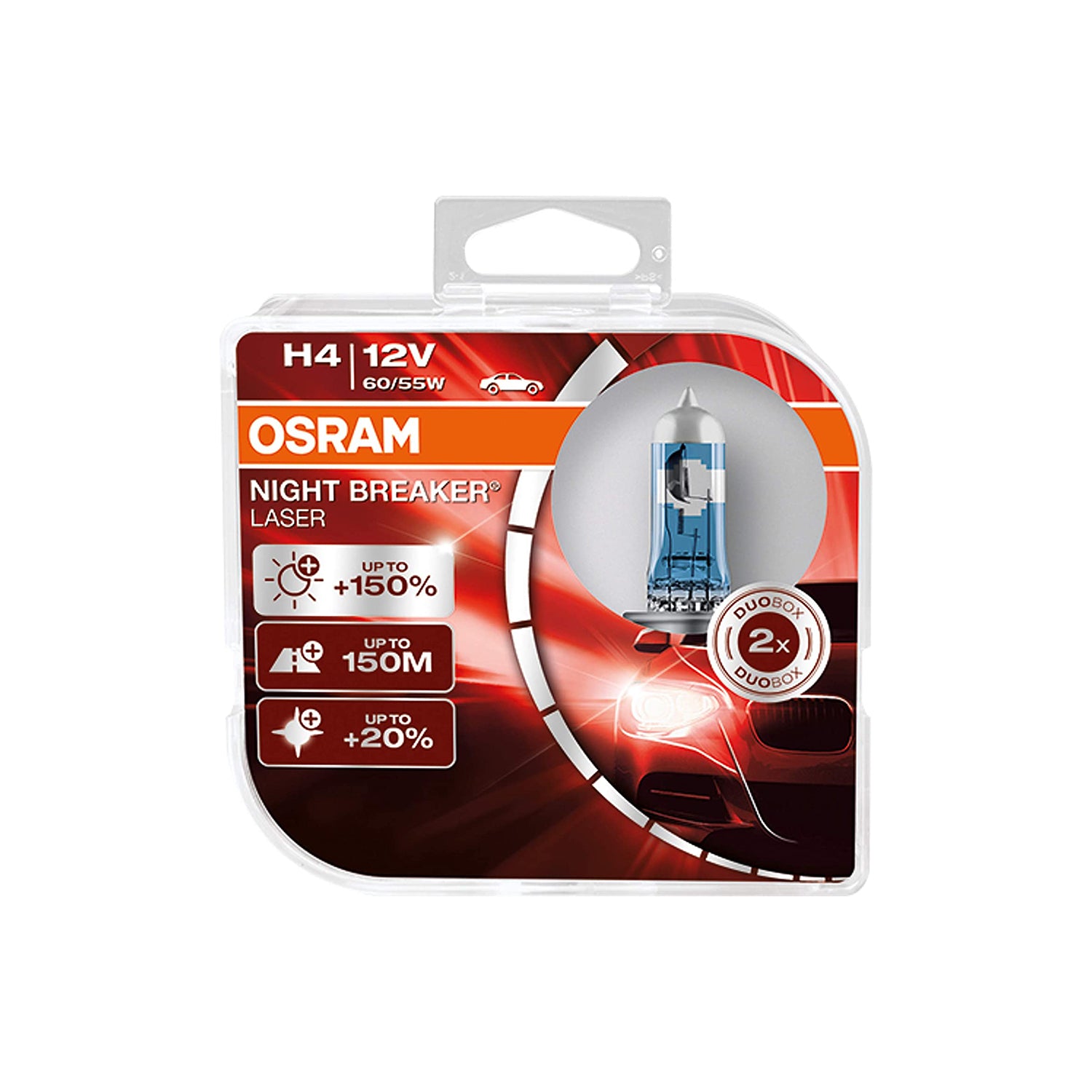 OSRAM NIGHT BREAKER LASER H4, next generation, 150% more brightness, halogen headlamp, 64193NL-HCB, 12V, passenger car, duo box (2 lamps)