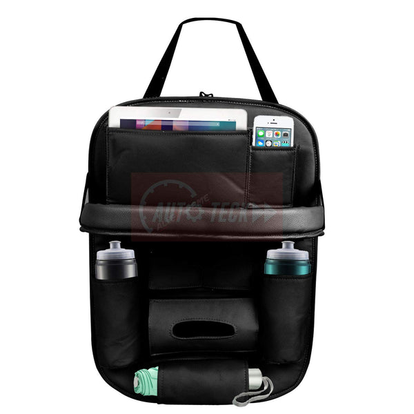 CARMATE Universal PU Leather Auto Car Seat Back Organizer with Foldable Dining Table Tray, Multi pocket Storage Tablet, Bottle and Tissue Paper Holder
