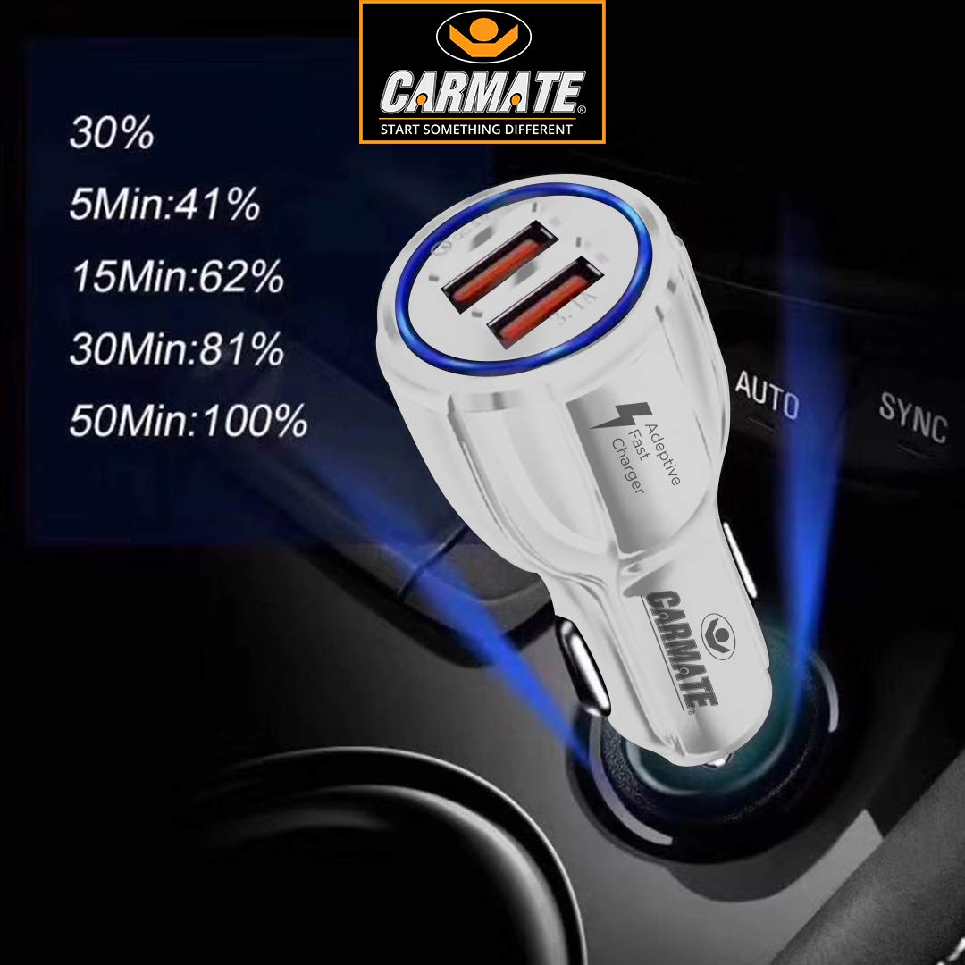 CARMATE Quick Charging Car Charger 6 Ampere (3 Amp QC and 3 Amp Normal) Comes with 3.1 Amp Fast Charging C-Type Data Cable - WHITE