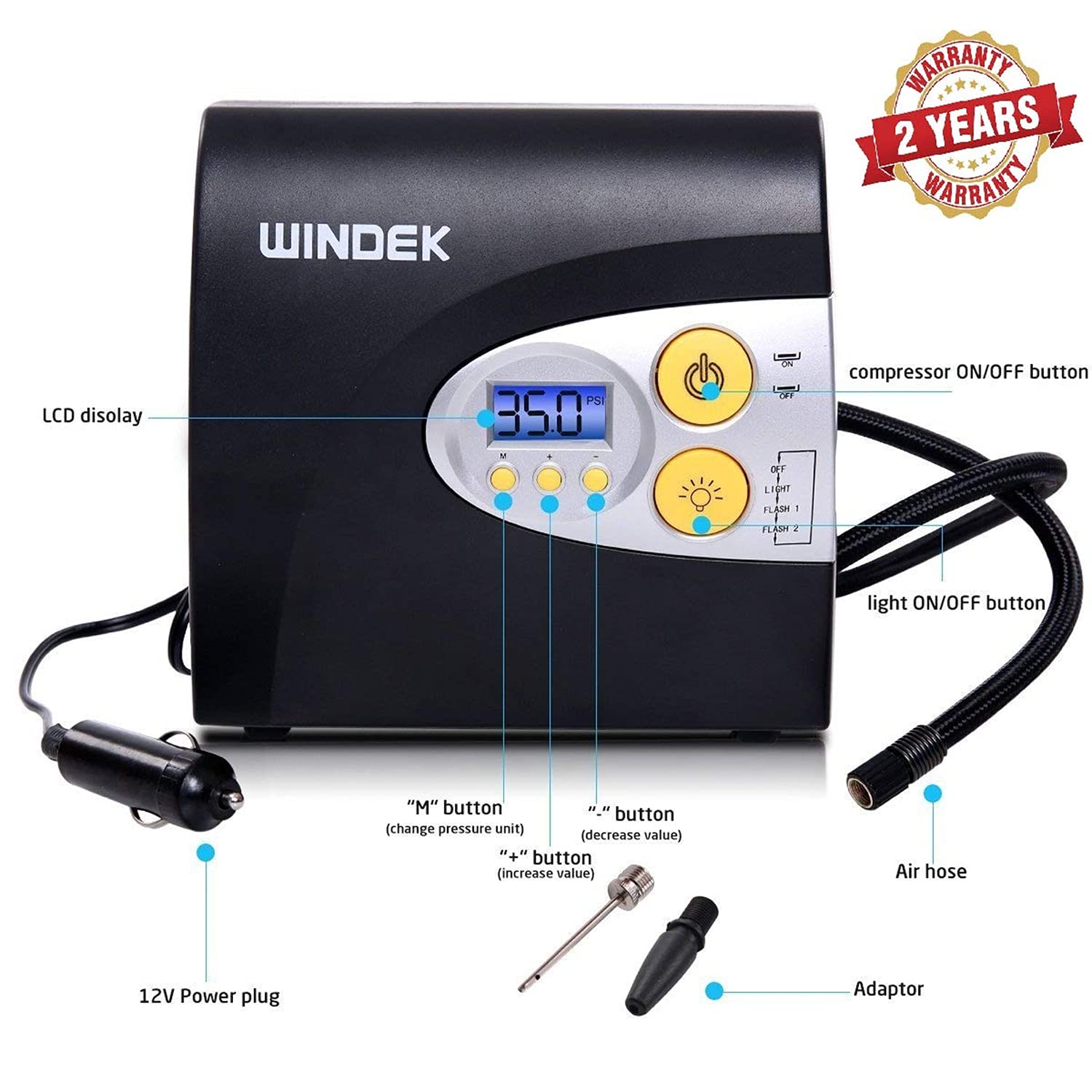 WINDEK 1902 Digital Tyre Inflator Portable & Easy to Operate Tire Air Pump with Auto Shut-Off & LED Light (Black)