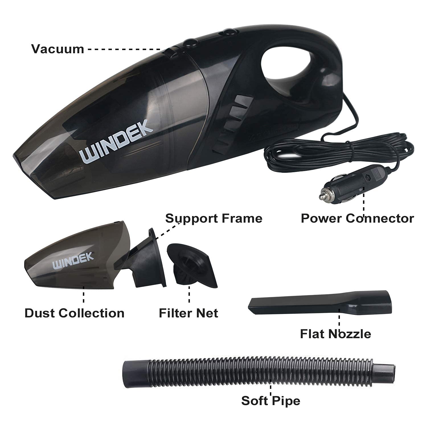 WINDEK 1001 Powerful Car Vacuum Cleaner 3000 Pa DC 12V Featherweight Multi-Functional and Highly Portable Machine (100 W, Black), Universal