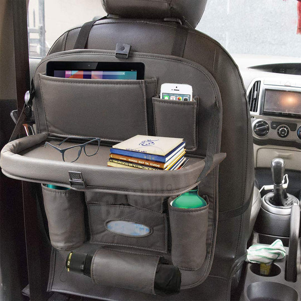 CARMATE Universal PU Leather Auto Car Seat Back Organizer with Foldable Dining Table Tray, Multi pocket Storage Tablet, Bottle and Tissue Paper Holder