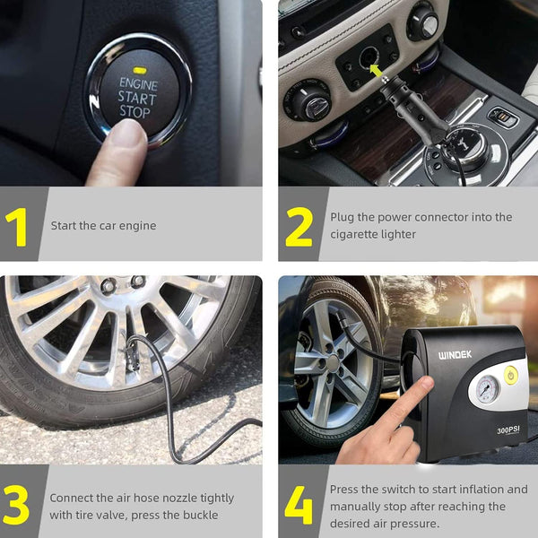 Windek 1903 Compact Tyre Inflator Air Pump 300 PSI with Powerful Compressor Compatible with All Car & Bikes (Black)