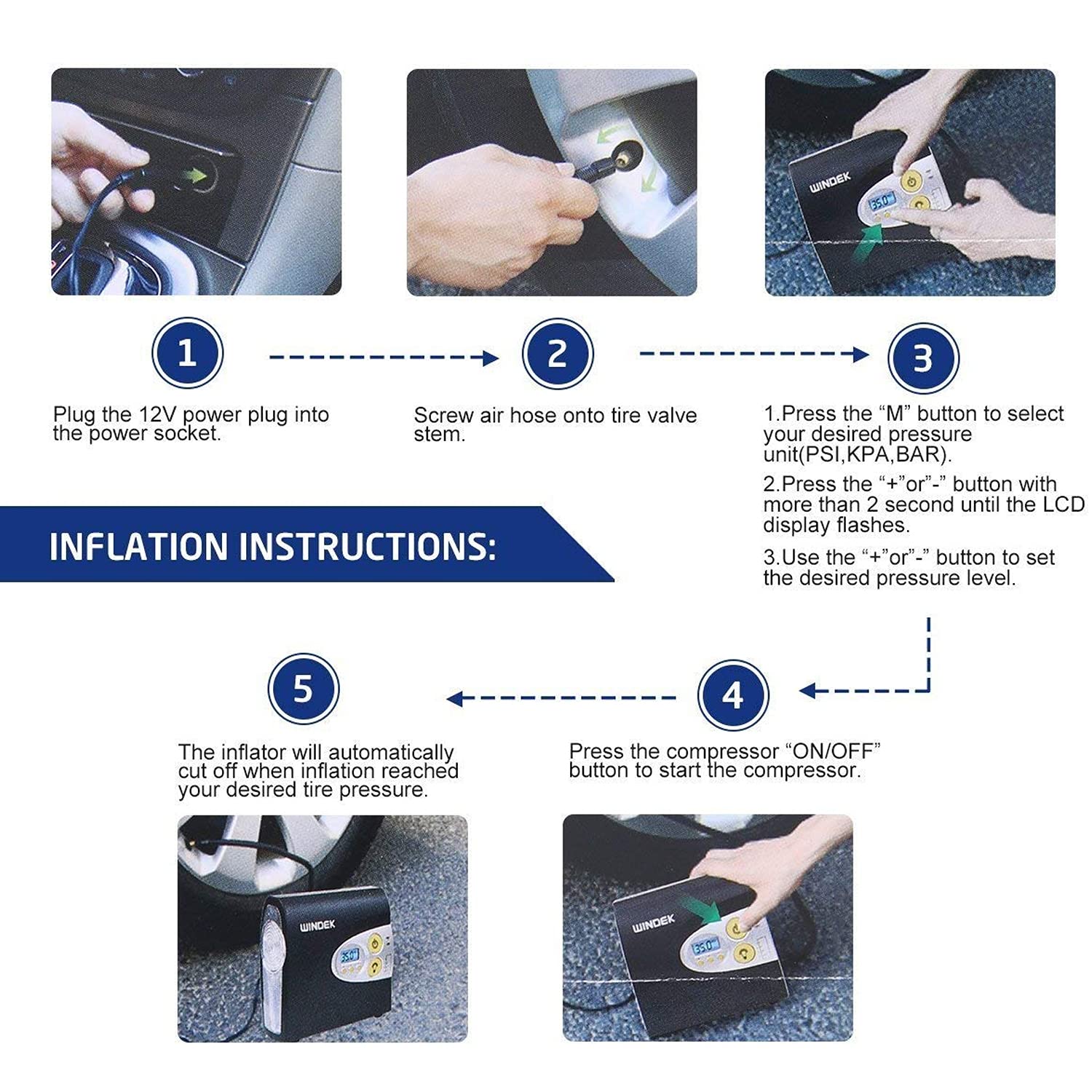 WINDEK 1902 Digital Tyre Inflator Portable & Easy to Operate Tire Air Pump with Auto Shut-Off & LED Light (Black)