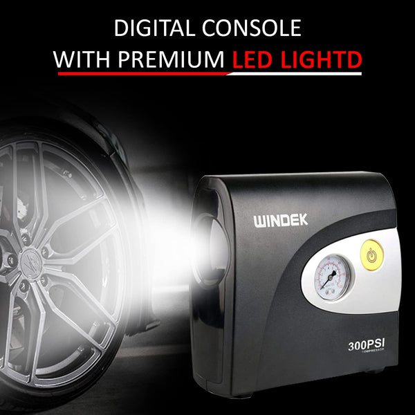Windek 1903 Compact Tyre Inflator Air Pump 300 PSI with Powerful Compressor Compatible with All Car & Bikes (Black)