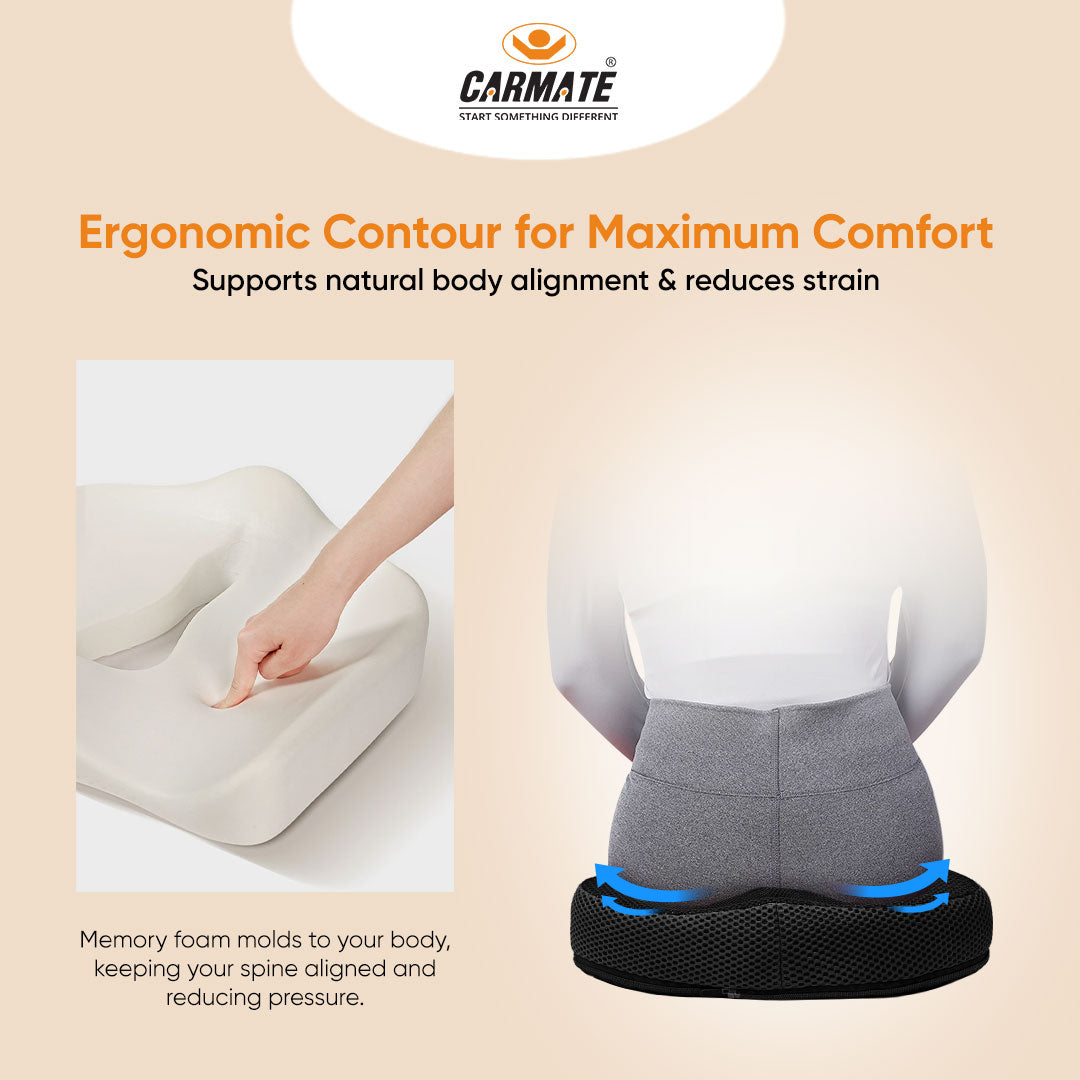 CARMATE Orthopedic Memory Foam Seat Cushion (Key Hole) For Tailbone Pain Relief, Sciatica Pain Relief, Hip Support, Lower Back Support With Computer, Car, Office Ergonomic Chair