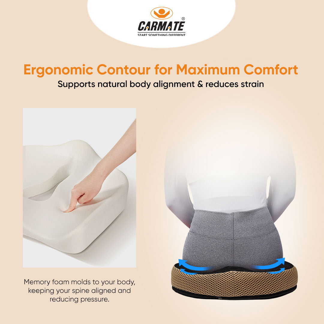 CARMATE Orthopedic Memory Foam Seat Cushion (Key Hole) For Tailbone Pain Relief, Sciatica Pain Relief, Hip Support, Lower Back Support With Computer, Car, Office Ergonomic Chair