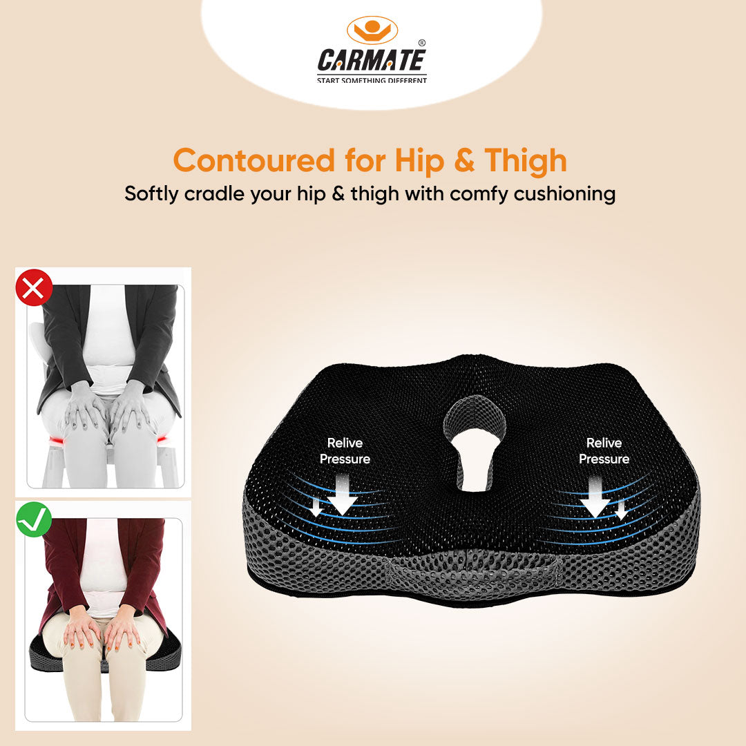 CARMATE Orthopedic Memory Foam Seat Cushion (Key Hole) For Tailbone Pain Relief, Sciatica Pain Relief, Hip Support, Lower Back Support With Computer, Car, Office Ergonomic Chair