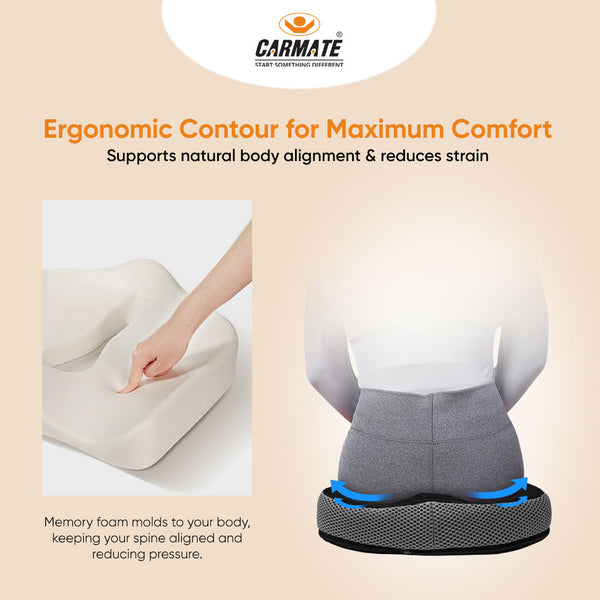 CARMATE Orthopedic Memory Foam Seat Cushion (Key Hole) For Tailbone Pain Relief, Sciatica Pain Relief, Hip Support, Lower Back Support With Computer, Car, Office Ergonomic Chair