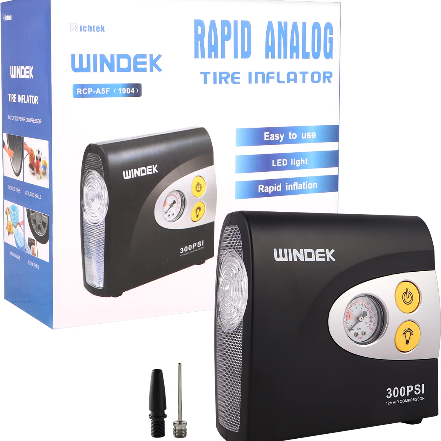 WINDEK 1904 Analog Tyre Inflator with Compact Design, Fast Inflation Air Pump for All Car, Heavy Duty Vehicle & Bike with LED Light, Universal