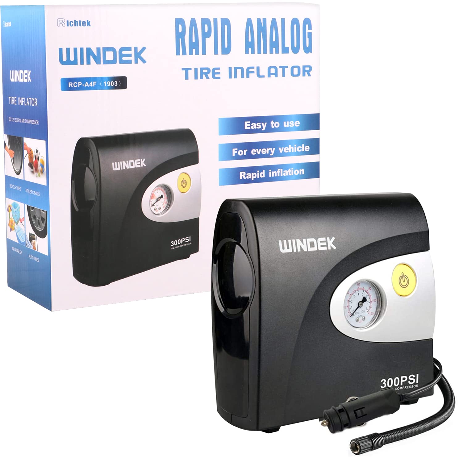 Windek 1903 Compact Tyre Inflator Air Pump 300 PSI with Powerful Compressor Compatible with All Car & Bikes (Black)
