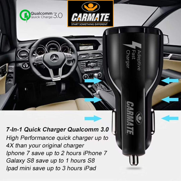 CARMATE Quick Charging Car Charger 6 Ampere (3 Amp QC and 3 Amp Normal) Comes with 3.1 Amp Fast Charging Lightning to USB Data Cable - Black