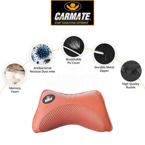 CARMATE Embassy Car Seat Neck Pillow, Headrest Cushion for Neck Pain Relief & Cervical Support with Pure Memory Foam and Ergonomic Design (Tan Net)