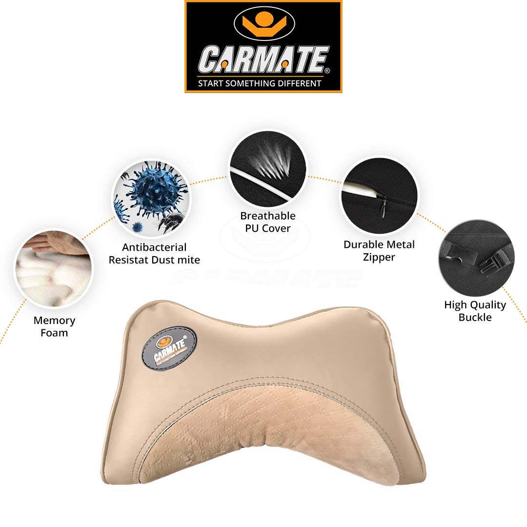 CARMATE Embassy Car Seat Neck Pillow, Headrest Cushion for Neck Pain Relief & Cervical Support with Pure Memory Foam and Ergonomic Design (Camel Velvet)