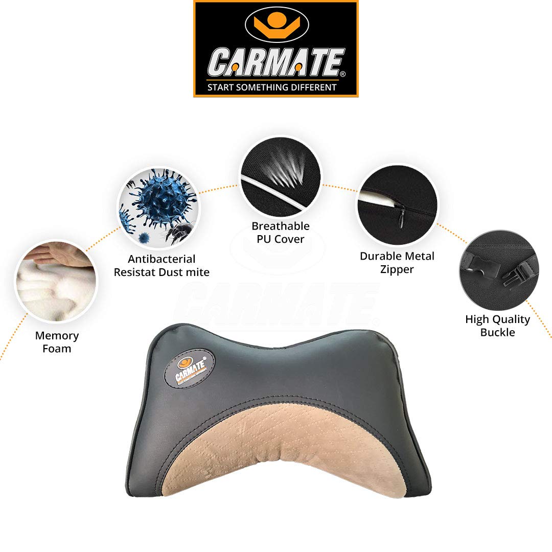CARMATE Embassy Car Seat Neck Pillow, Headrest Cushion for Neck Pain Relief & Cervical Support with Pure Memory Foam and Ergonomic Design (Black Camel Velvet)
