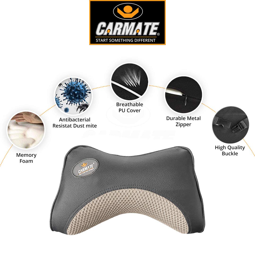 CARMATE Embassy Car Seat Neck Pillow, Headrest Cushion for Neck Pain Relief & Cervical Support with Pure Memory Foam and Ergonomic Design (Black Camel Net)