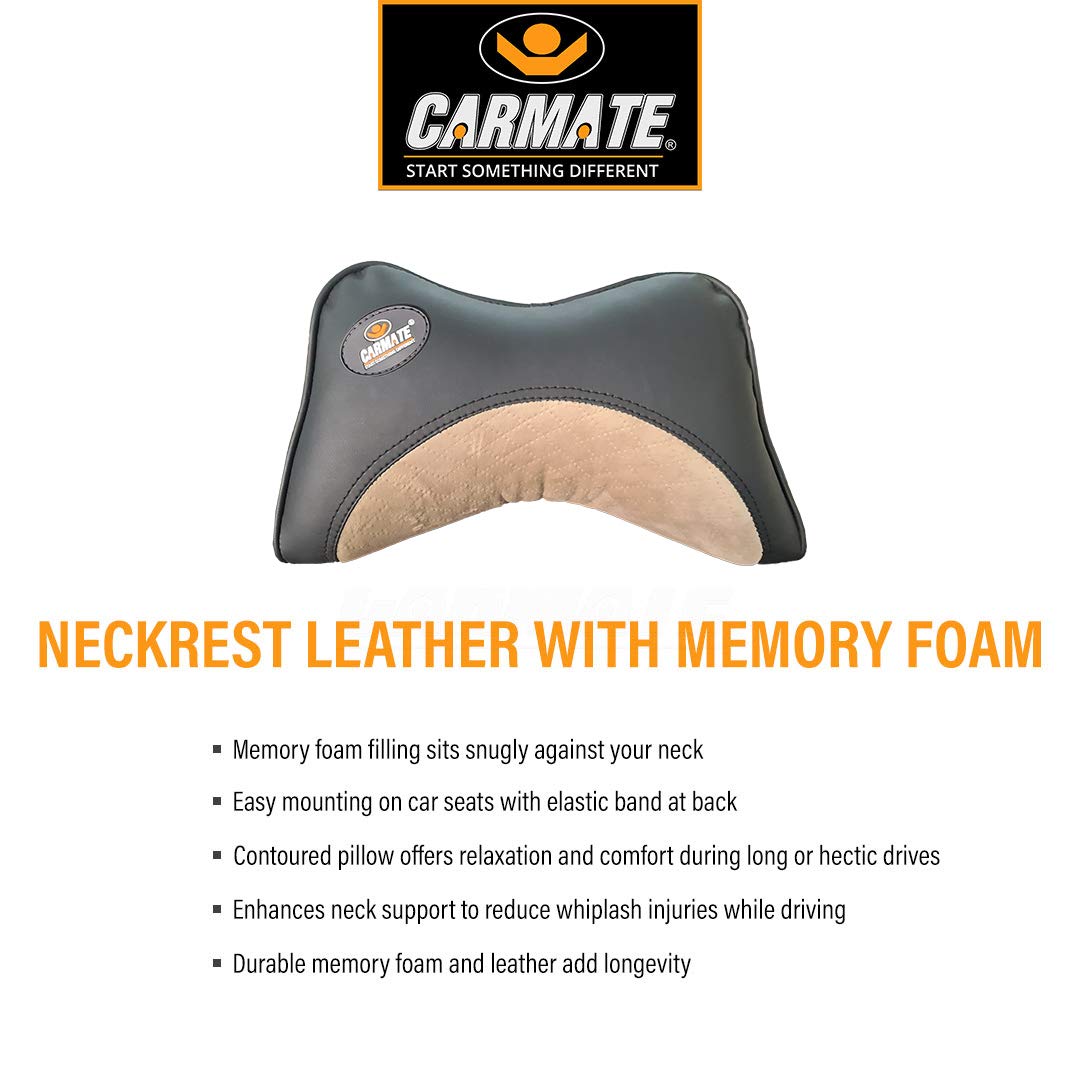 CARMATE Embassy Car Seat Neck Pillow, Headrest Cushion for Neck Pain Relief & Cervical Support with Pure Memory Foam and Ergonomic Design (Black Camel Velvet)