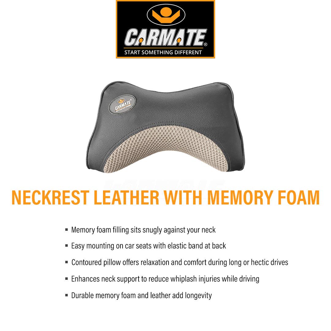CARMATE Embassy Car Seat Neck Pillow, Headrest Cushion for Neck Pain Relief & Cervical Support with Pure Memory Foam and Ergonomic Design (Black Camel Net)