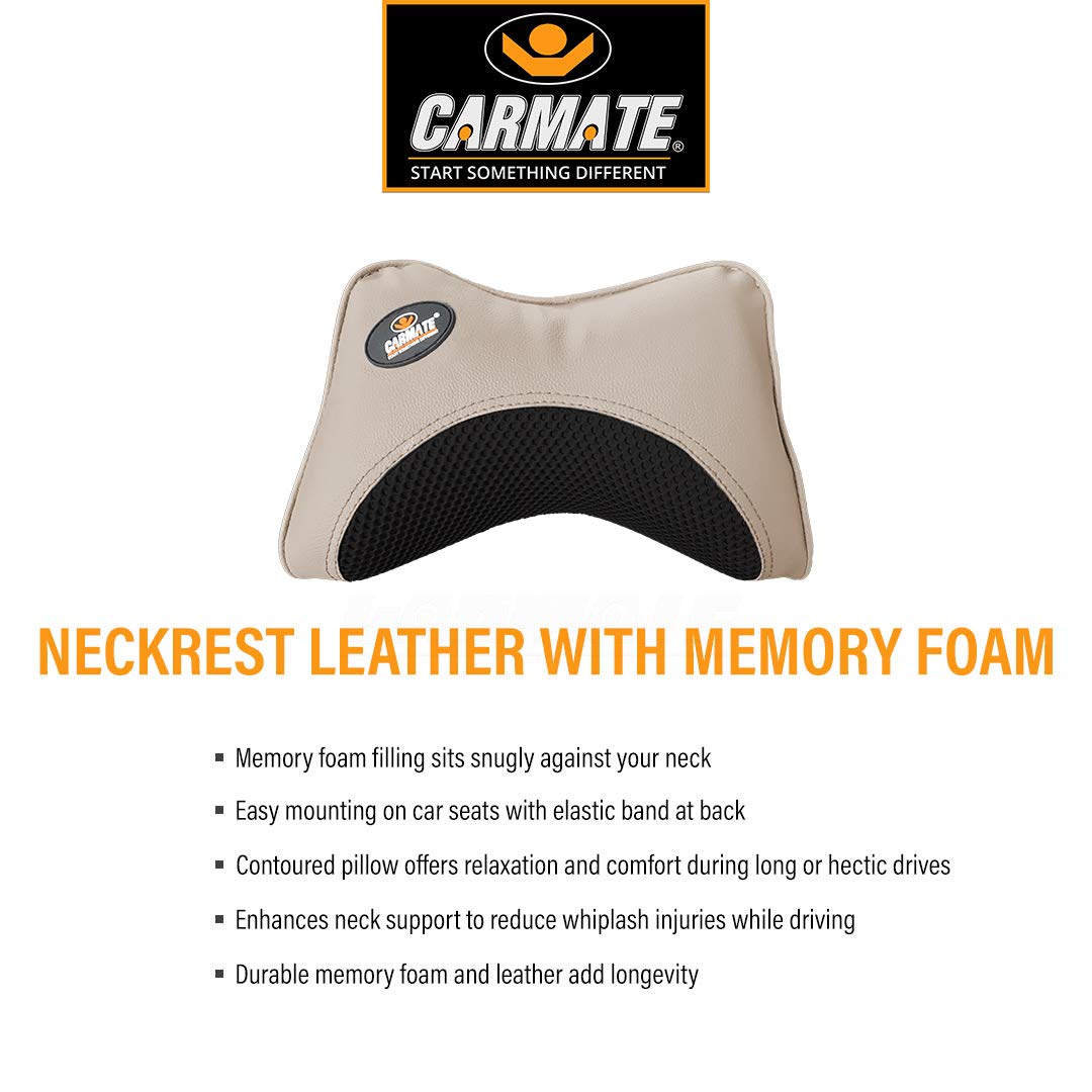 CARMATE Embassy Car Seat Neck Pillow, Headrest Cushion for Neck Pain Relief & Cervical Support with Pure Memory Foam and Ergonomic Design (Camel Black Net)
