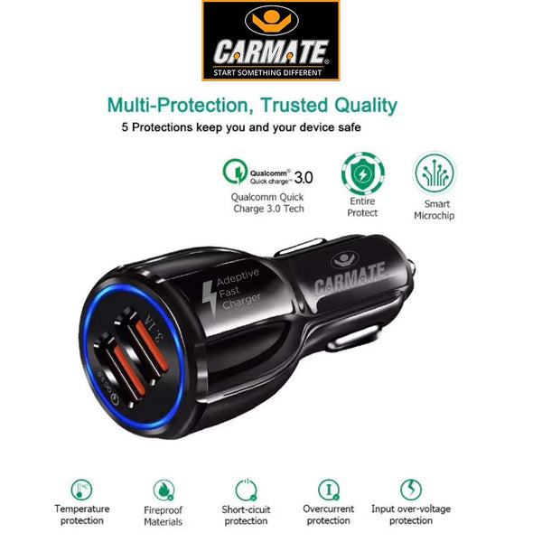 CARMATE Quick Charging Car Charger 6 Ampere (3 Amp QC and 3 Amp Normal) Comes with 3.1 Amp Fast Charging Lightning to USB Data Cable - Black