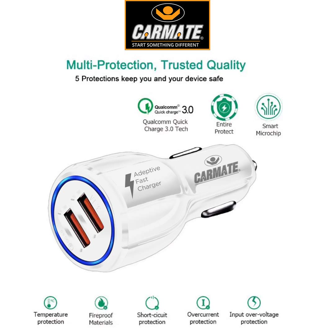 CARMATE Quick Charging Car Charger 6 Ampere (3 Amp QC and 3 Amp Normal) Comes with 3.1 Amp Fast Charging Micro to USB Data Cable - White