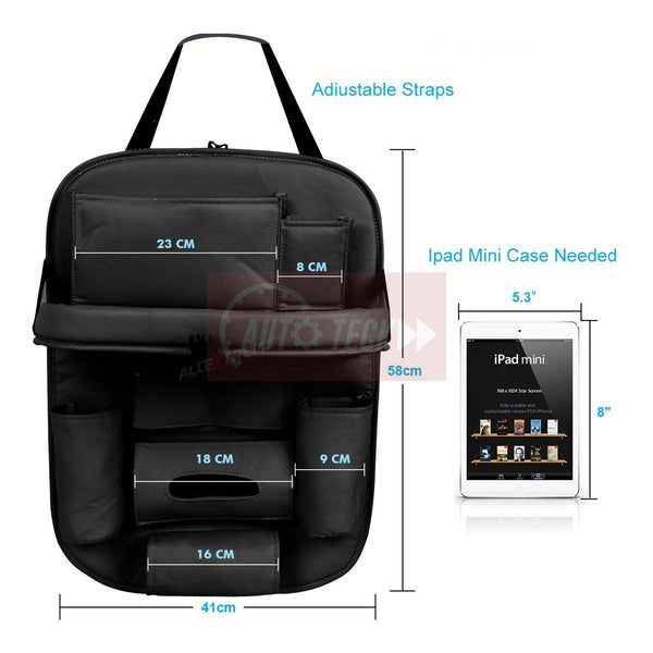 CARMATE Universal PU Leather Auto Car Seat Back Organizer with Foldable Dining Table Tray, Multi pocket Storage Tablet, Bottle and Tissue Paper Holder