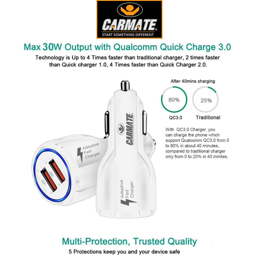 CARMATE Quick Charging Car Charger 6 Ampere (3 Amp QC and 3 Amp Normal) Comes with 3.1 Amp Fast Charging C-Type Data Cable - WHITE