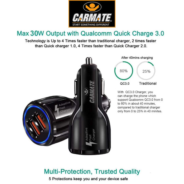 CARMATE Quick Charging Car Charger 6 Ampere (3 Amp QC and 3 Amp Normal) Comes with 3.1 Amp Fast Charging Lightning to USB Data Cable - Black