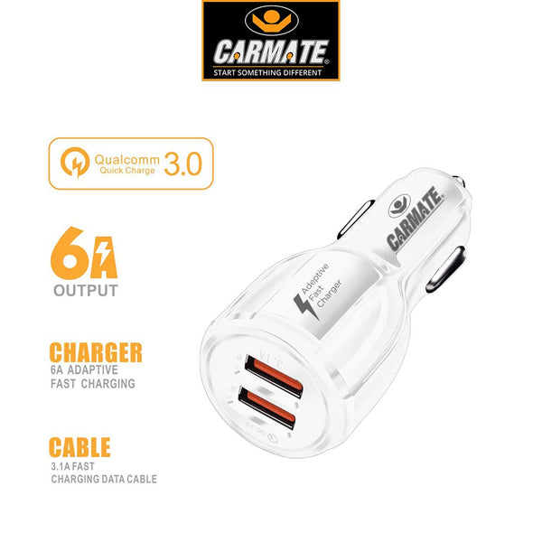 CARMATE Quick Charging Car Charger 6 Ampere (3 Amp QC and 3 Amp Normal) Comes with 3.1 Amp Fast Charging Lightning to USB Data Cable - White