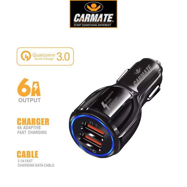 CARMATE Quick Charging Car Charger 6 Ampere (3 Amp QC and 3 Amp Normal) Comes with 3.1 Amp Fast Charging Lightning to USB Data Cable - Black