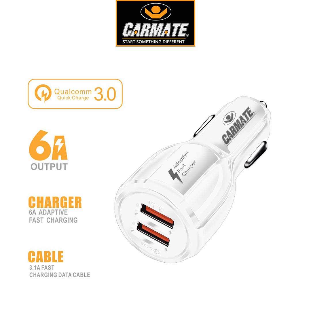 CARMATE Quick Charging Car Charger 6 Ampere (3 Amp QC and 3 Amp Normal) Comes with 3.1 Amp Fast Charging Micro to USB Data Cable - White