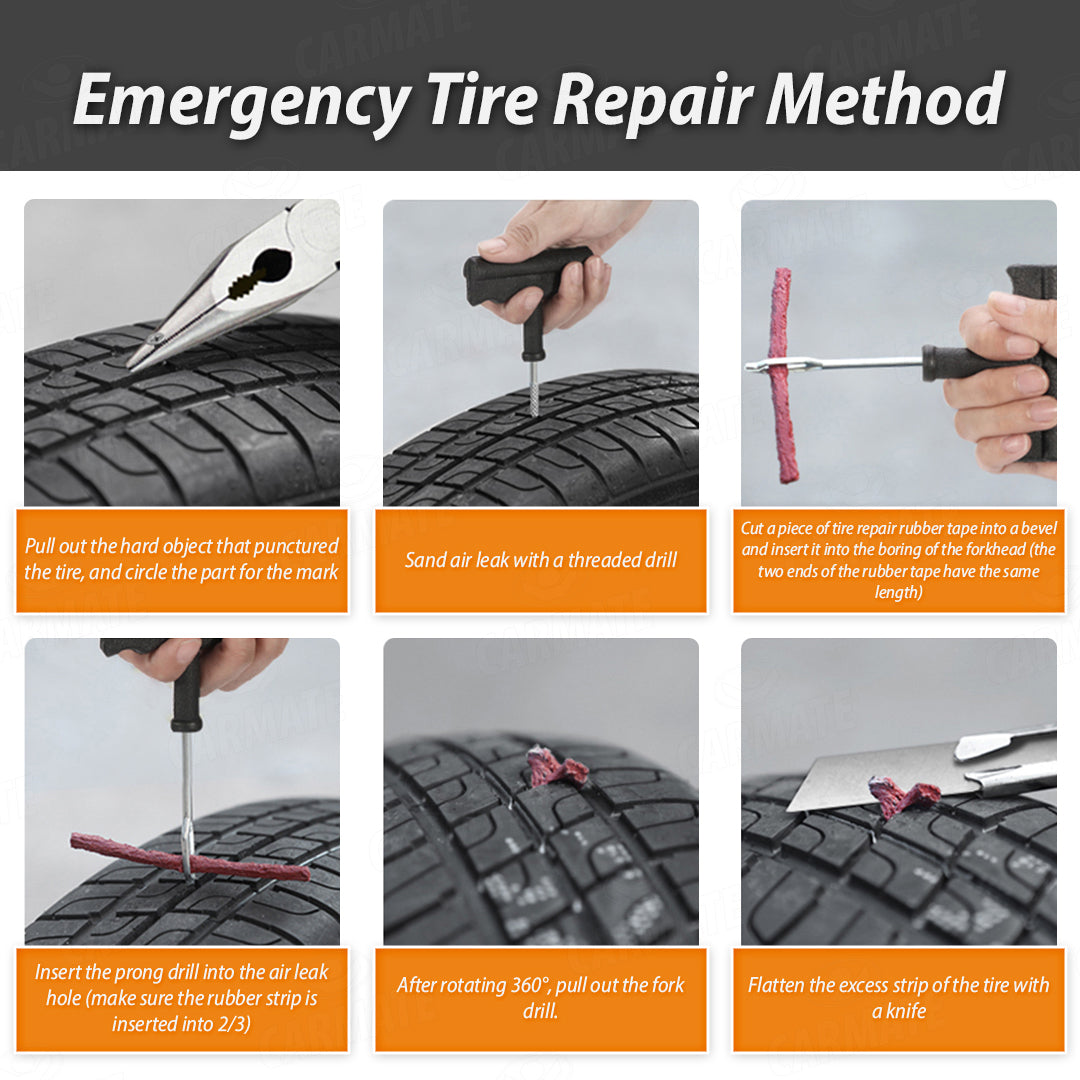 CARMATE 4 in 1 Universal Tubeless Tyre (T Handle Grips + 5 Repair String Plugs + Rubber Solution) Tubeless Tyre Puncture Repair Kit